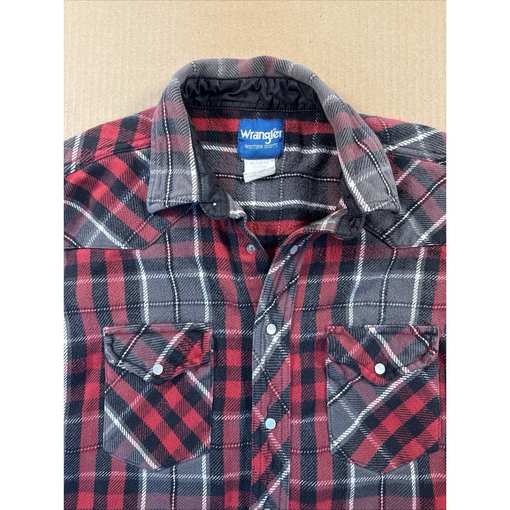 Wrangler Shirt Mens XL Red Black Plaid Flannel Western‎ Pearl Snap, Heavyweight